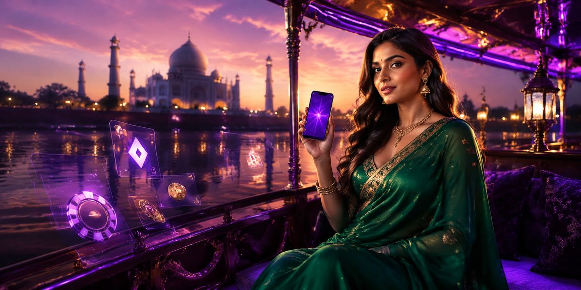 Young woman playing rummy on mobile at Taj Mahal backdrop