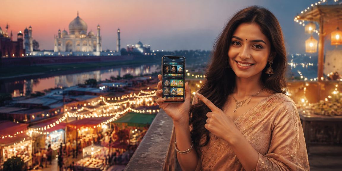 Casino and gaming on mobile devices at night market near Taj Mahal